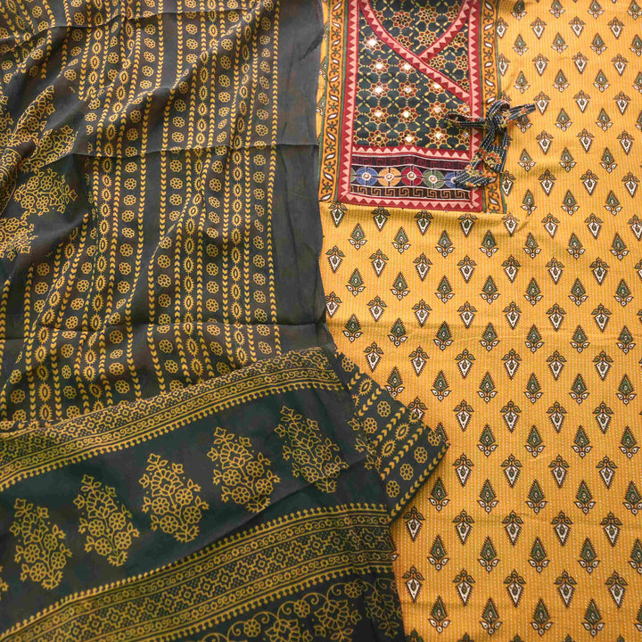 Falak Buttery Yellow Kutch fusion Mirror Work Angrakha Cotton Suit Set