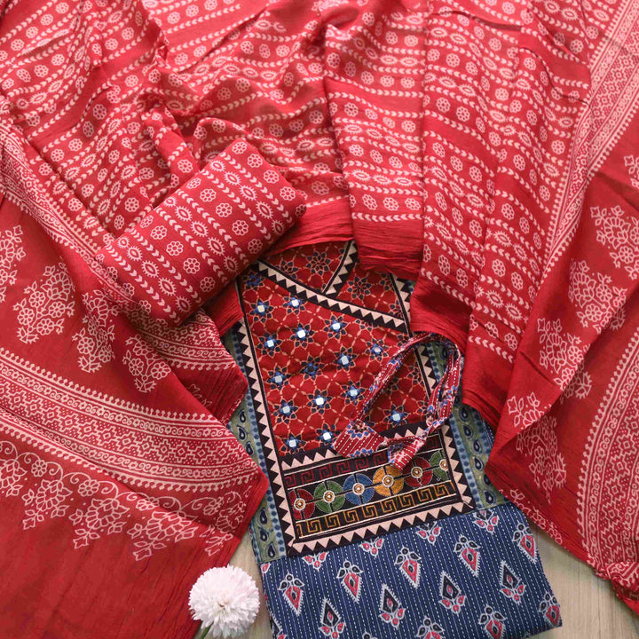 Falak Classic Blue Kutch fusion Mirror Work Angrakha Cotton Suit Set