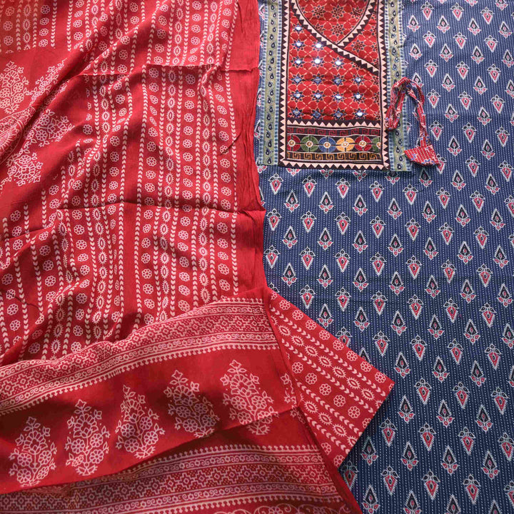 Falak Classic Blue Kutch fusion Mirror Work Angrakha Cotton Suit Set