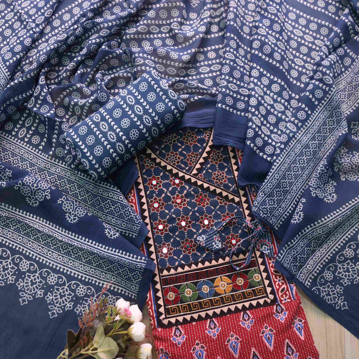 Falak Bold Red Kutch fusion Mirror Work Angrakha Cotton Suit Set