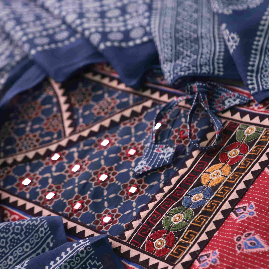Falak Bold Red Kutch fusion Mirror Work Angrakha Cotton Suit Set