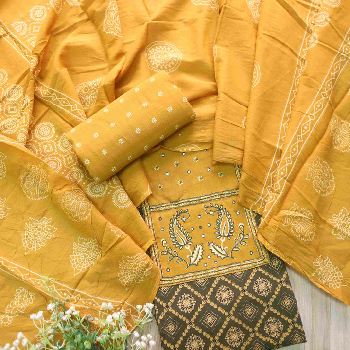 Bayhiss Sage Green Patra Work Ajrak Printed Cotton Suit Set