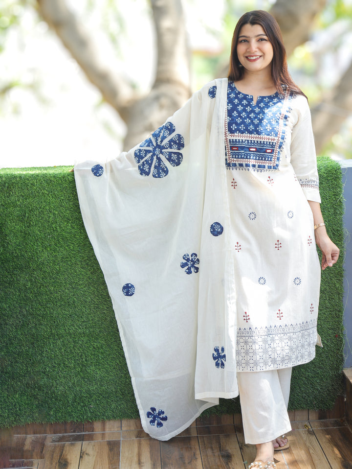 Rushali Beige Dabu Yoke 3 Piece Set