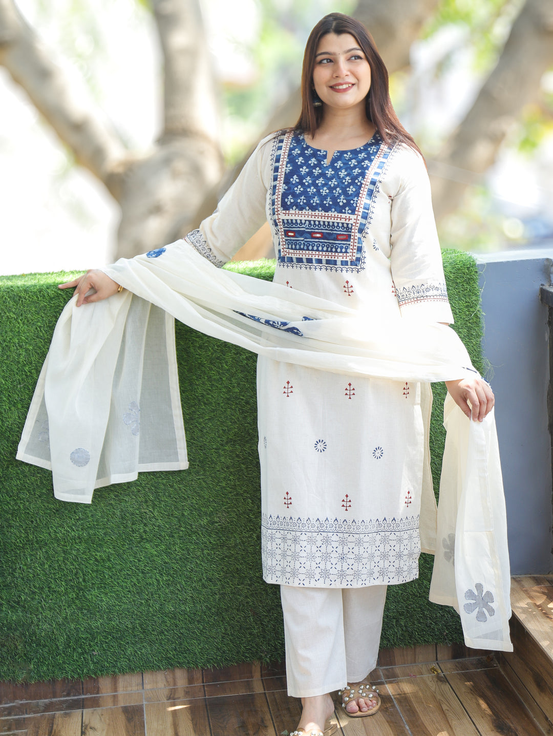 Rushali Beige Dabu Yoke 3 Piece Set