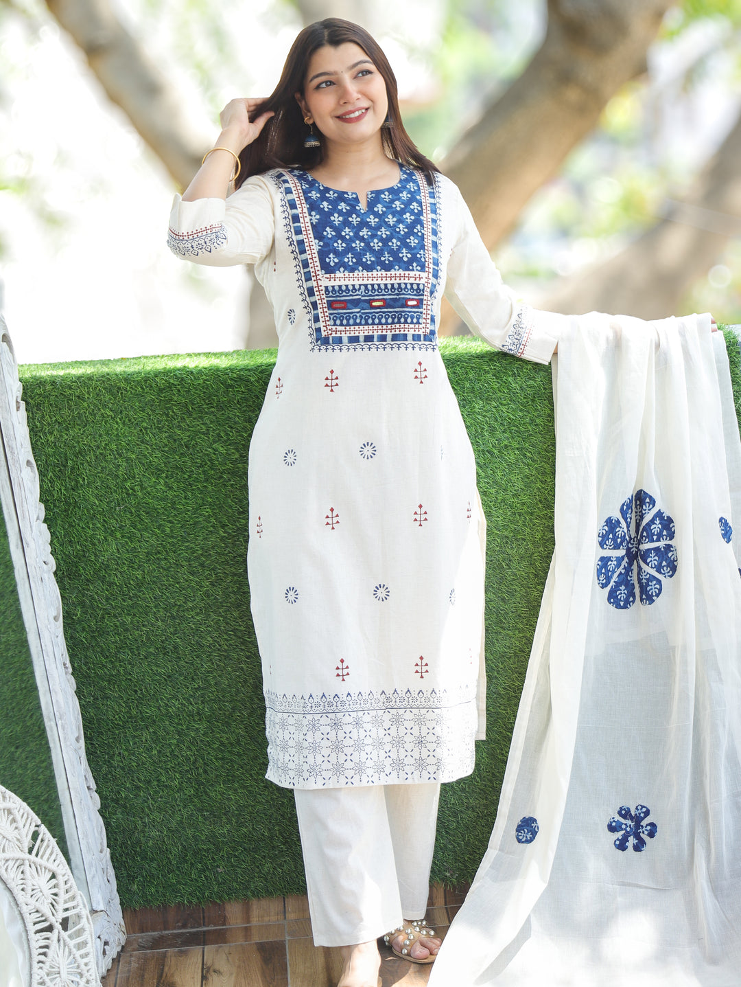 Rushali Beige Dabu Yoke 3 Piece Set
