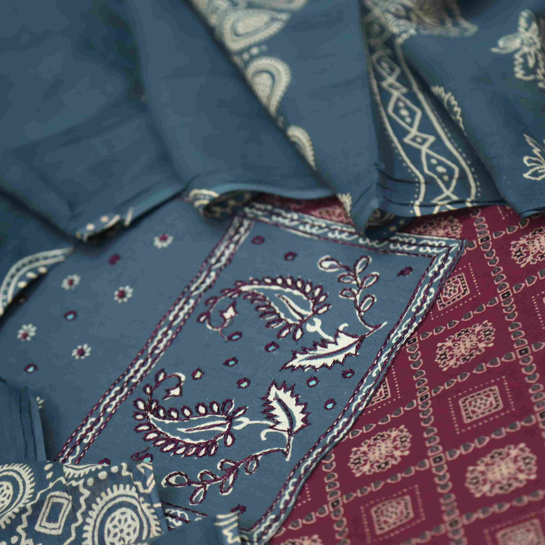 Bayhiss Maroon Red Patra Work Ajrak Printed Cotton Suit Set