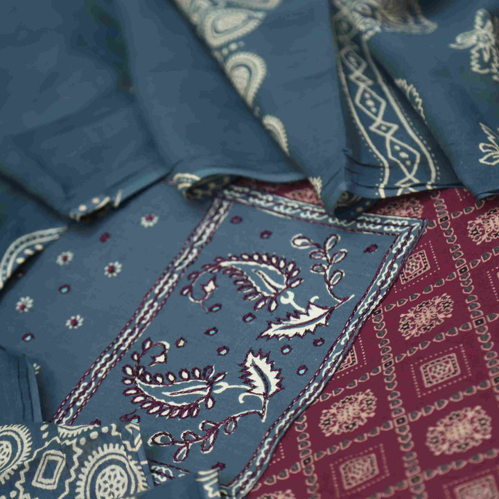 Bayhiss Maroon Red Patra Work Ajrak Printed Cotton Suit Set