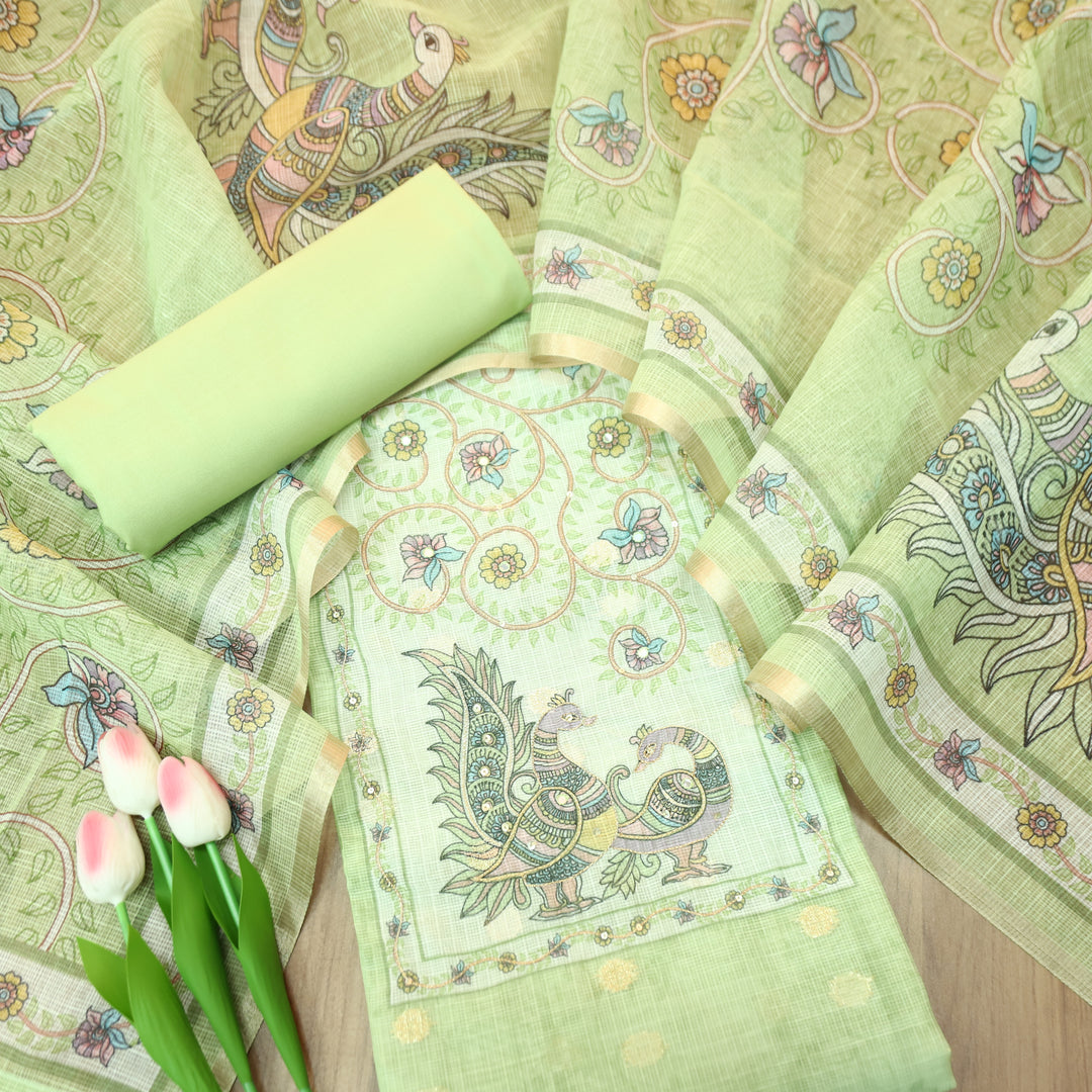 Shefali Mint Green Peacock and Floral Printed Yoke with Chain Style Zari Kota Doriya Set