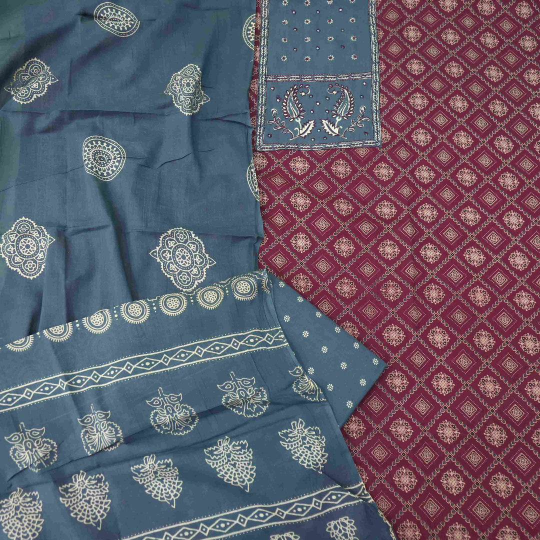 Bayhiss Maroon Red Patra Work Ajrak Printed Cotton Suit Set