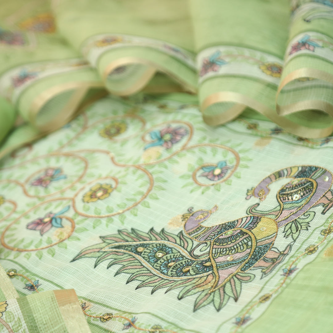 Shefali Mint Green Peacock and Floral Printed Yoke with Chain Style Zari Kota Doriya Set