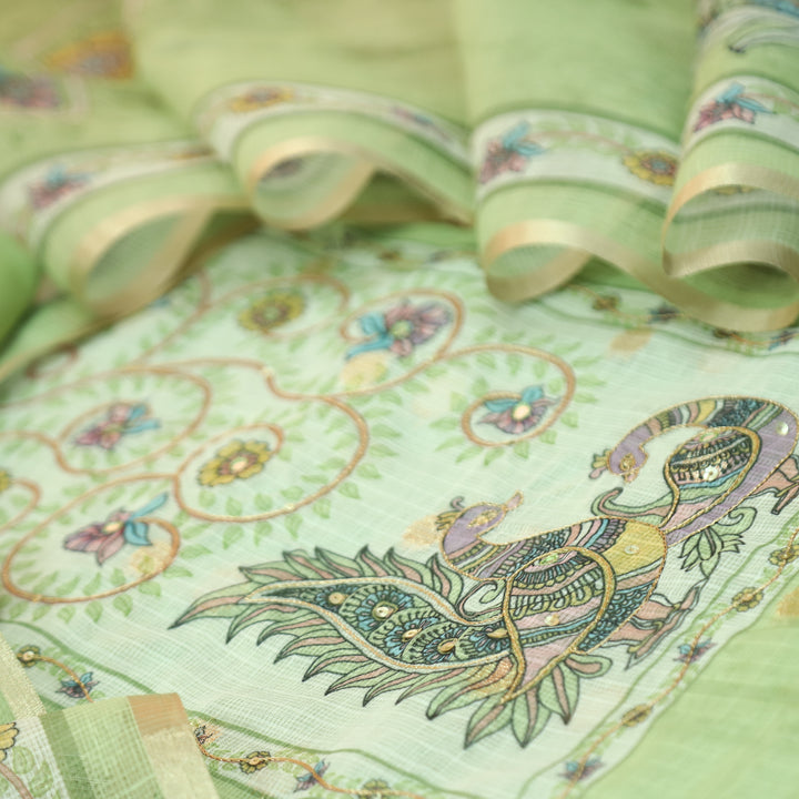 Shefali Mint Green Peacock and Floral Printed Yoke with Chain Style Zari Kota Doriya Set