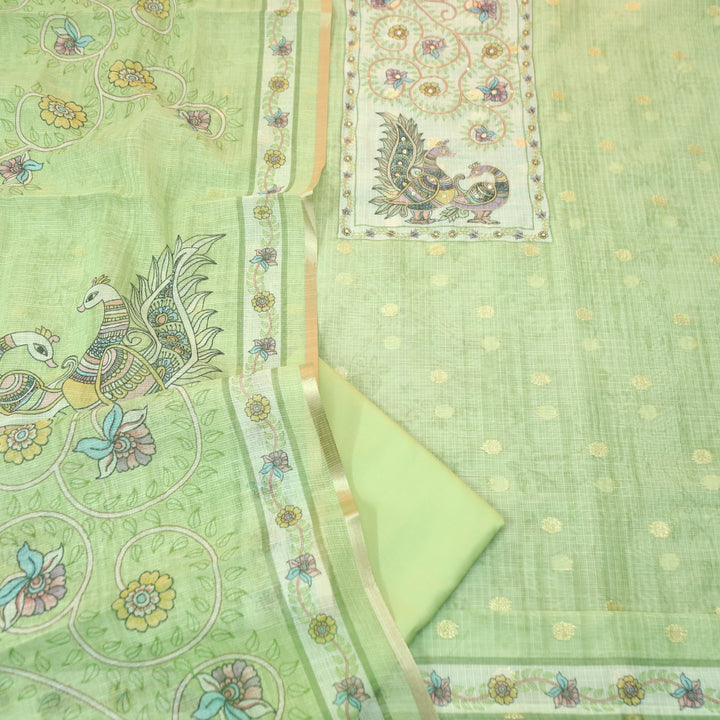 Shefali Mint Green Peacock and Floral Printed Yoke with Chain Style Zari Kota Doriya Set