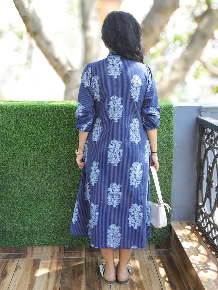 Joe Ella Indigo Blue Dabu Print Cotton Dress