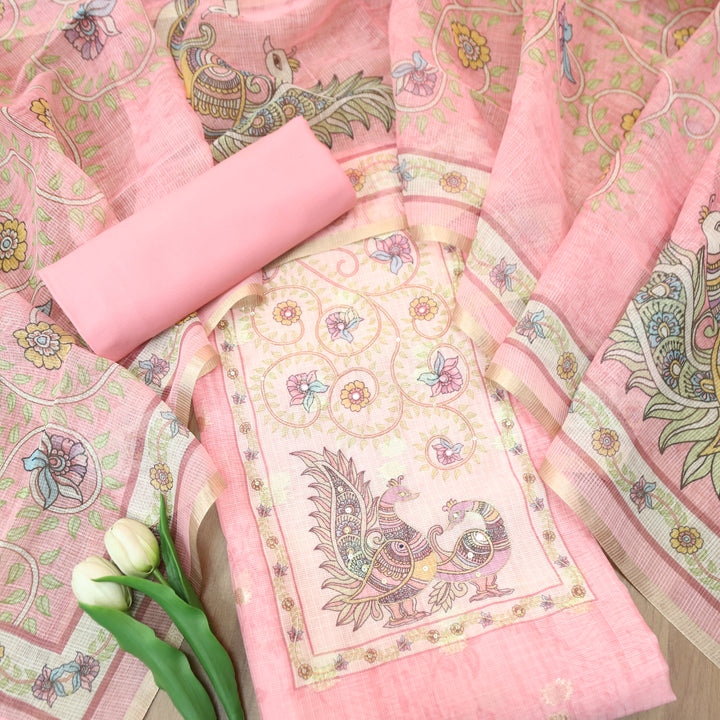Shefali Pink Peacock and Floral Printed Yoke with Chain Style Zari Kota Doriya Set