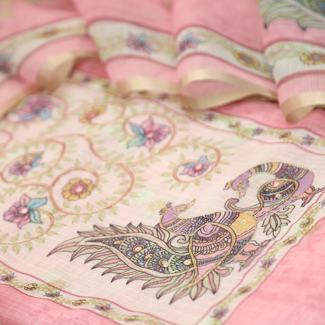 Shefali Pink Peacock and Floral Printed Yoke with Chain Style Zari Kota Doriya Set