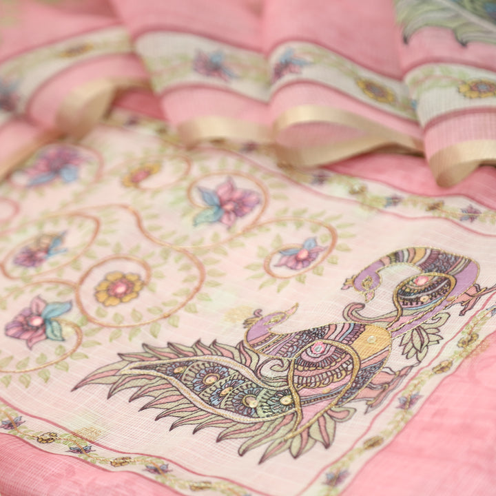 Shefali Pink Peacock and Floral Printed Yoke with Chain Style Zari Kota Doriya Set