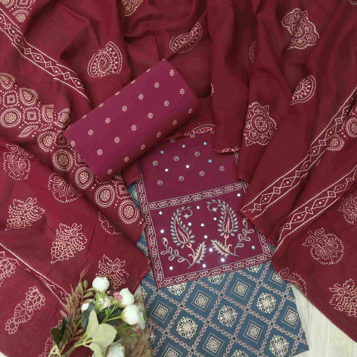 Bayhiss Cerulean Blue Patra Work Ajrak Printed Cotton Suit Set