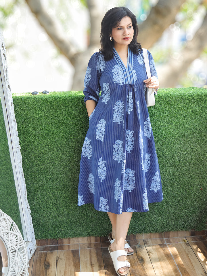 Joe Ella Indigo Blue Dabu Print Cotton Dress