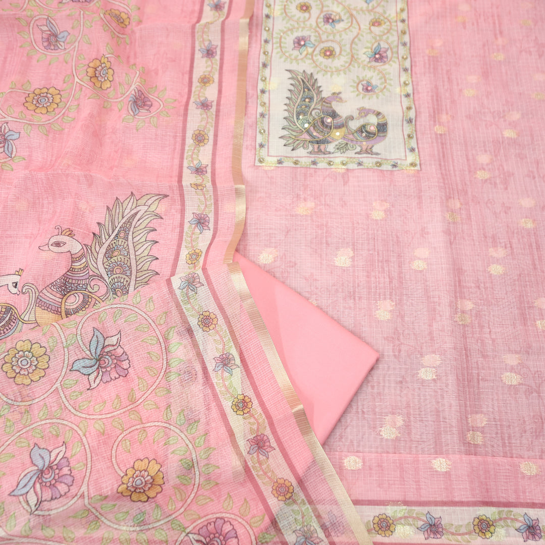 Shefali Pink Peacock and Floral Printed Yoke with Chain Style Zari Kota Doriya Set