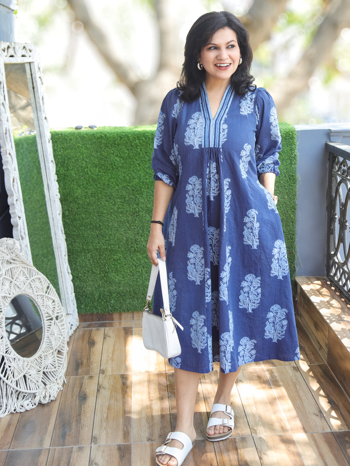Joe Ella Indigo Blue Dabu Print Cotton Dress