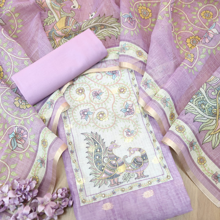 Shefali Lilac Peacock and Floral Printed Yoke with Chain Style Zari Kota Doriya Set