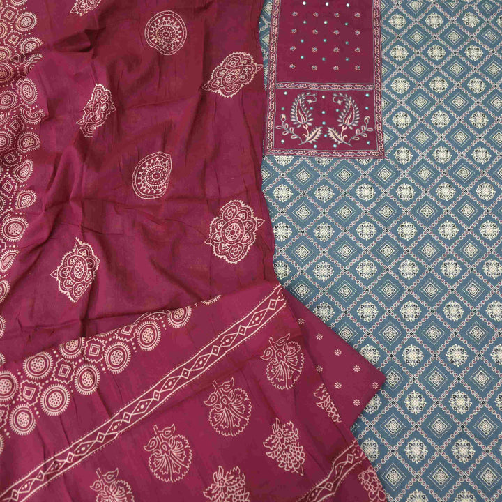 Bayhiss Cerulean Blue Patra Work Ajrak Printed Cotton Suit Set