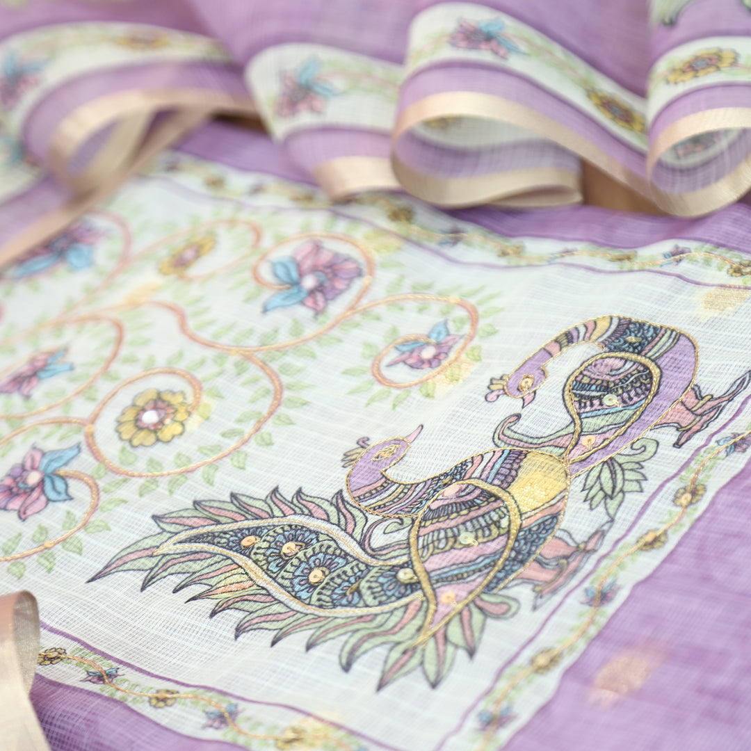 Shefali Lilac Peacock and Floral Printed Yoke with Chain Style Zari Kota Doriya Set