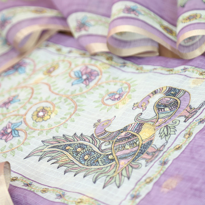 Shefali Lilac Peacock and Floral Printed Yoke with Chain Style Zari Kota Doriya Set
