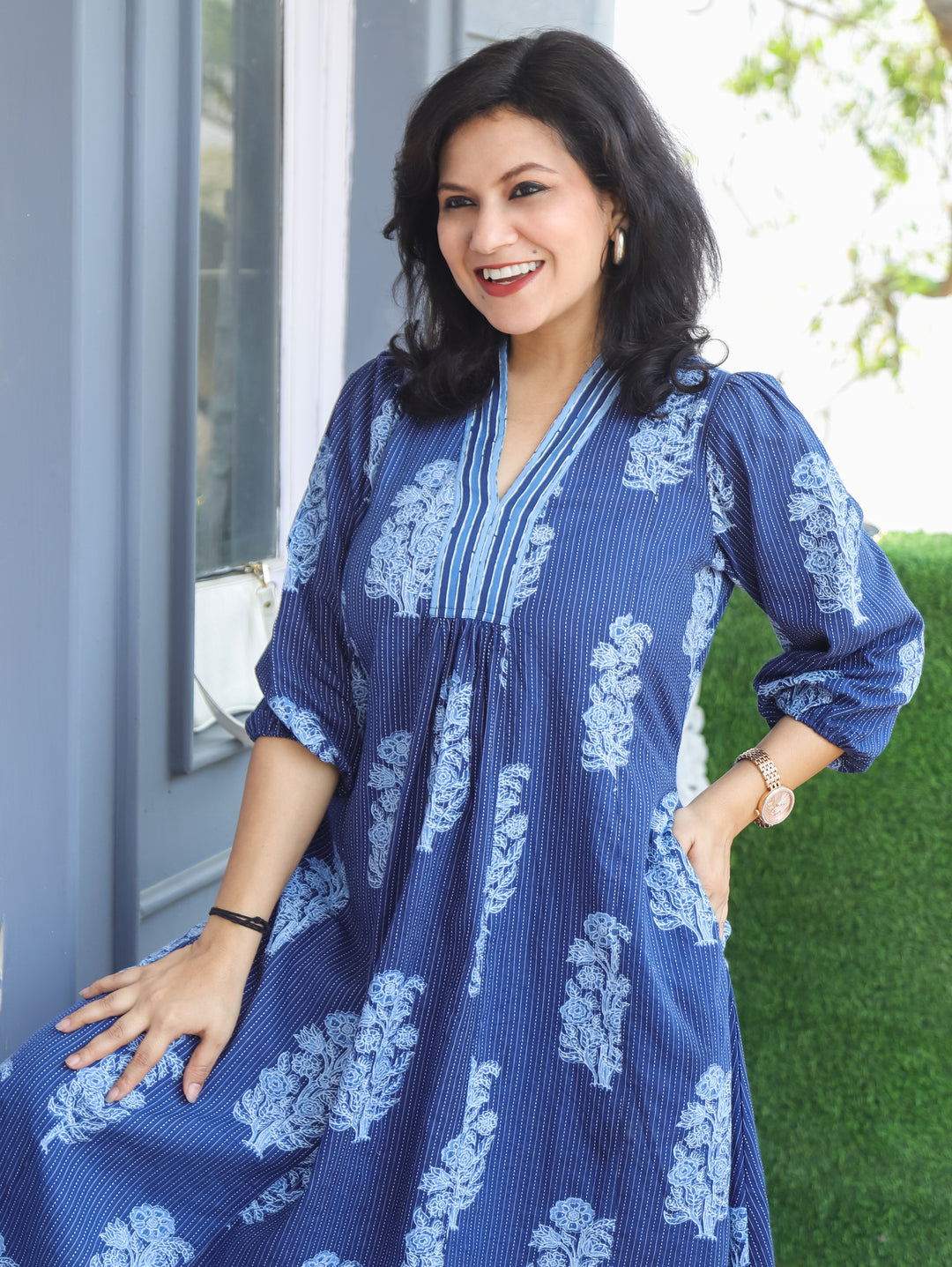 Joe Ella Indigo Blue Dabu Print Cotton Dress