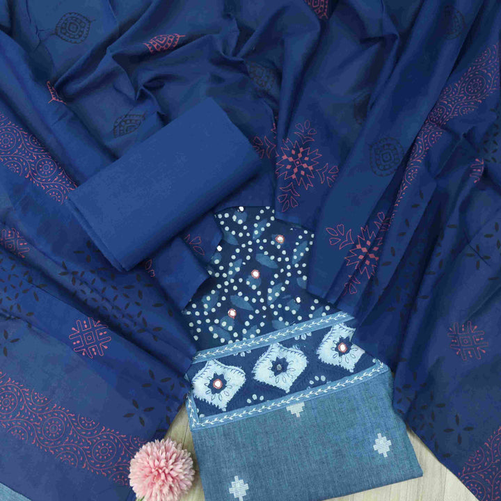 Haseen Indigo with Pink Mirror Work Inspired Dabu Printed Cotton Suit Set