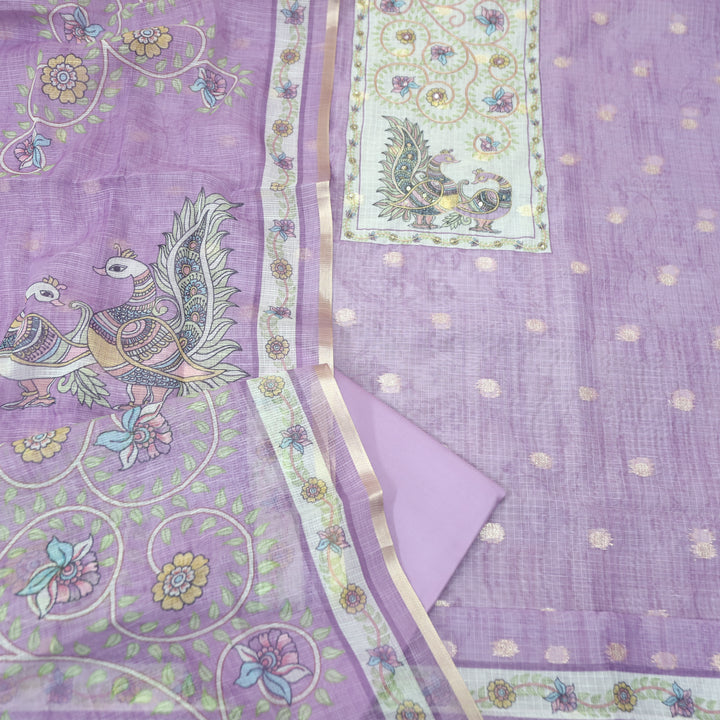 Shefali Lilac Peacock and Floral Printed Yoke with Chain Style Zari Kota Doriya Set
