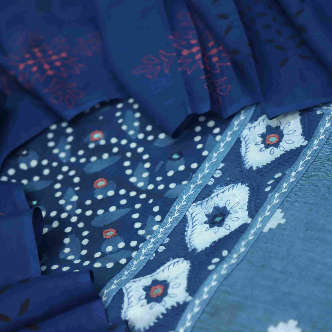 Haseen Indigo with Pink Mirror Work Inspired Dabu Printed Cotton Suit Set