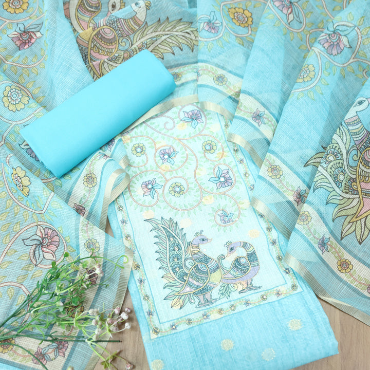 Shefali Aqua Blue Peacock and Floral Printed Yoke with Chain Style Zari Kota Doriya Set