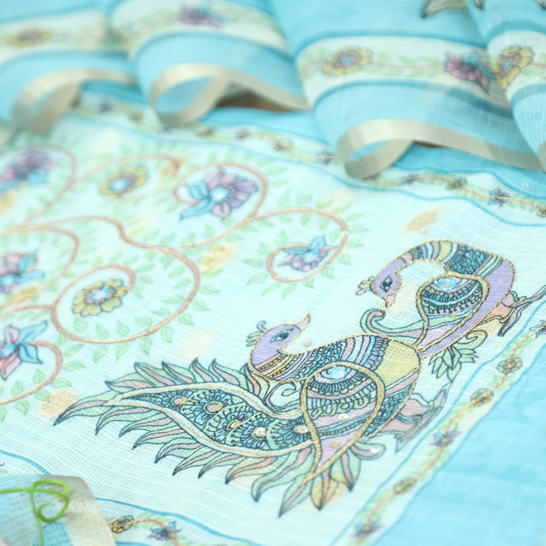 Shefali Aqua Blue Peacock and Floral Printed Yoke with Chain Style Zari Kota Doriya Set