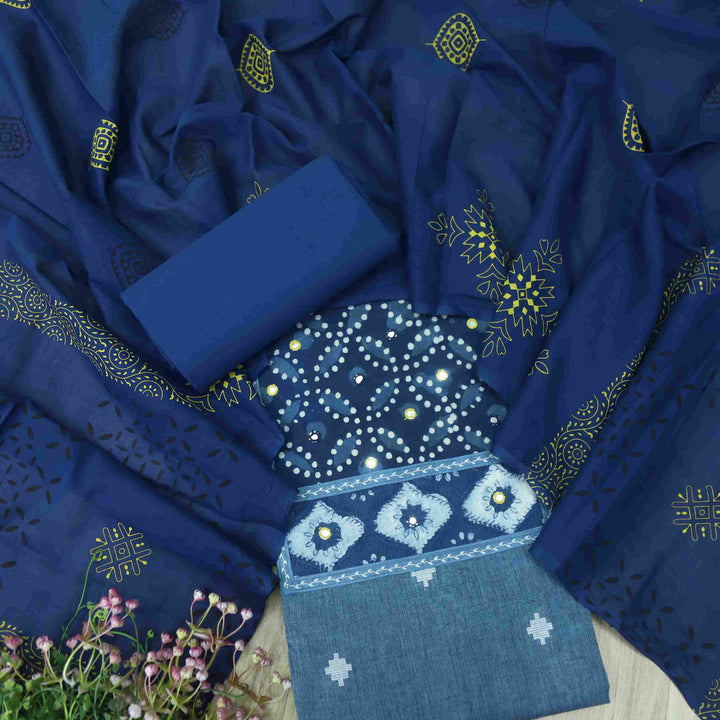 Haseen Indigo with Yellow Mirror Work Inspired Dabu Printed Cotton Suit Set