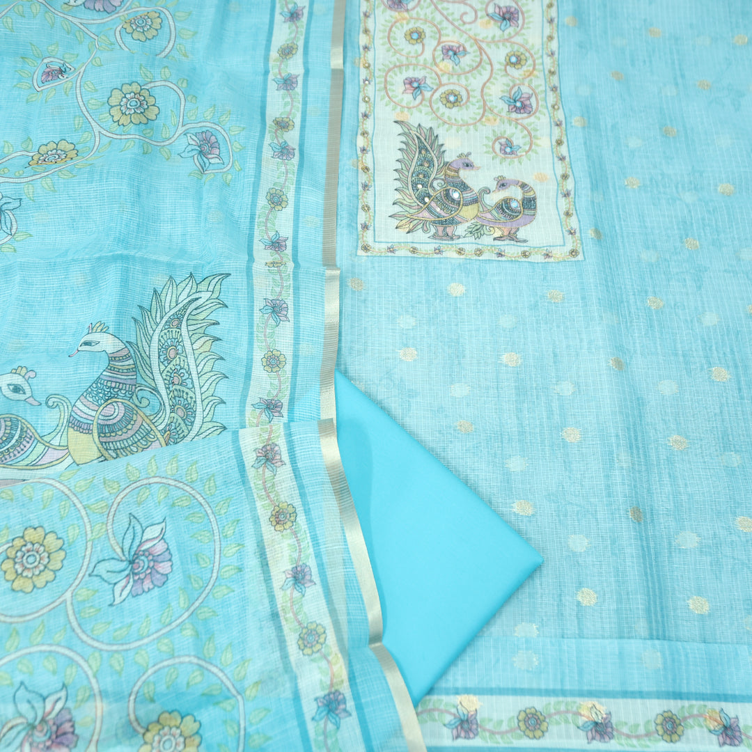 Shefali Aqua Blue Peacock and Floral Printed Yoke with Chain Style Zari Kota Doriya Set