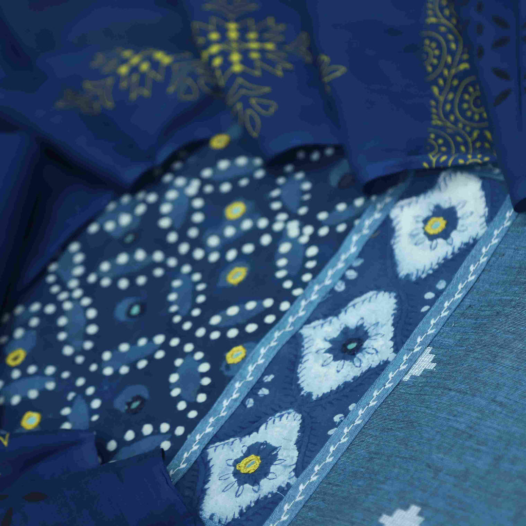 Haseen Indigo with Yellow Mirror Work Inspired Dabu Printed Cotton Suit Set