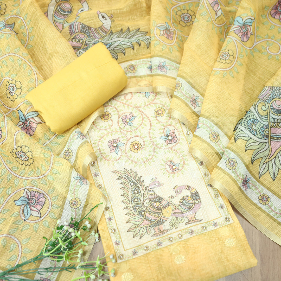 Shefali Yellow Peacock and Floral Printed Yoke with Chain Style Zari Kota Doriya Set
