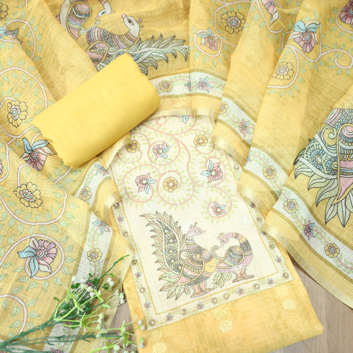 Shefali Yellow Peacock and Floral Printed Yoke with Chain Style Zari Kota Doriya Set