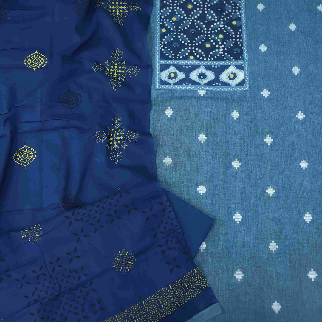 Haseen Indigo with Yellow Mirror Work Inspired Dabu Printed Cotton Suit Set