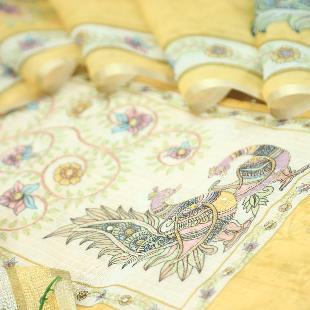 Shefali Yellow Peacock and Floral Printed Yoke with Chain Style Zari Kota Doriya Set