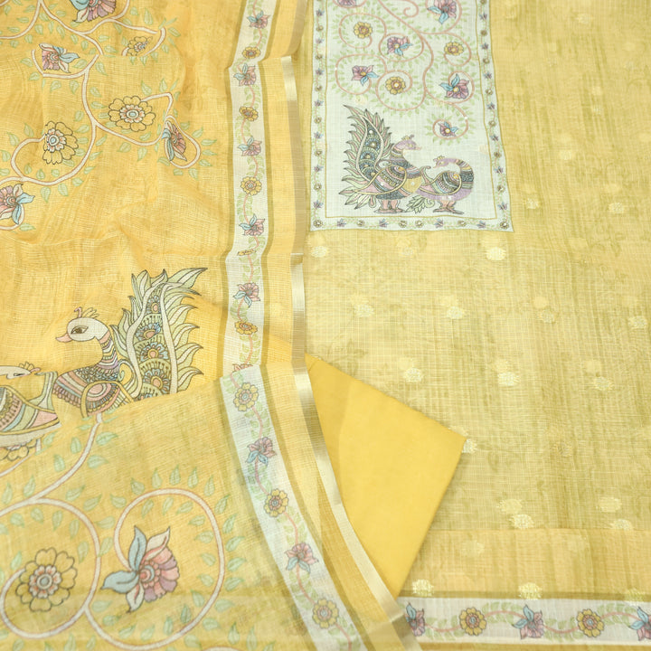Shefali Yellow Peacock and Floral Printed Yoke with Chain Style Zari Kota Doriya Set