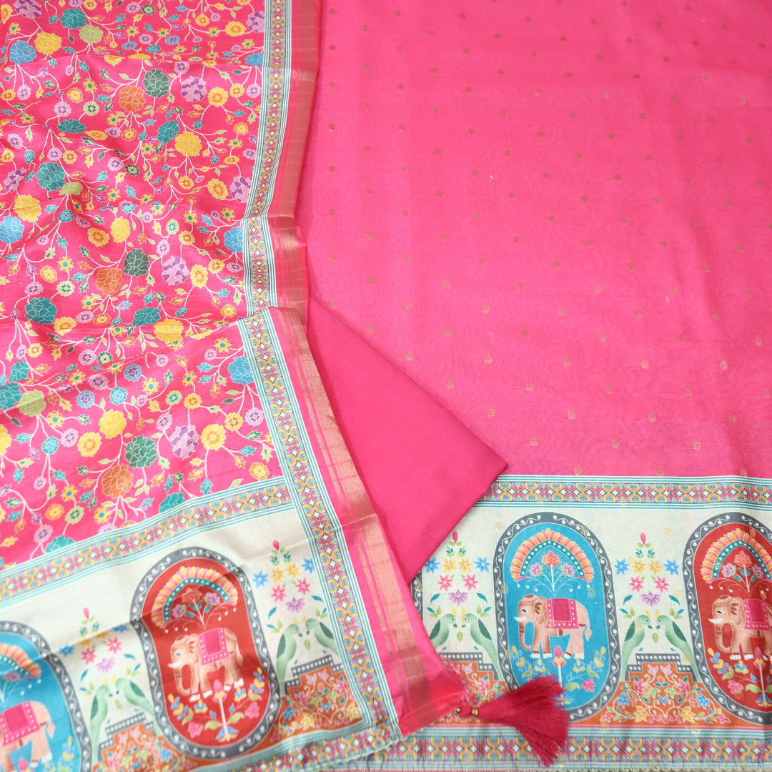 Ada Flamingo Pink Zari Weaved Buti in Elephant Print Hemline Art Shimmer Tissue Set
