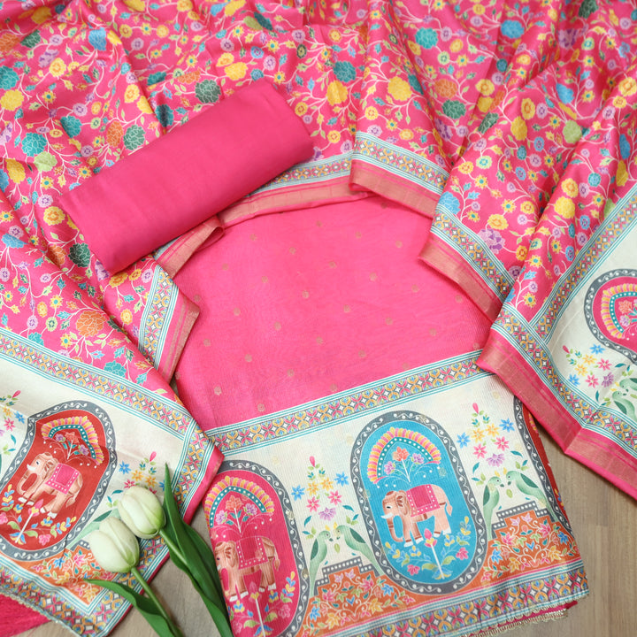 Ada Flamingo Pink Zari Weaved Buti in Elephant Print Hemline Art Shimmer Tissue Set