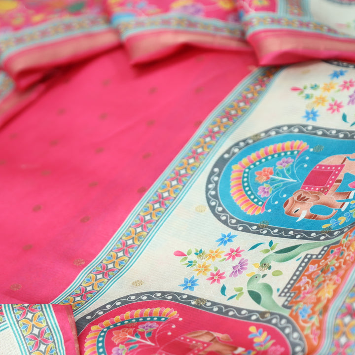 Ada Flamingo Pink Zari Weaved Buti in Elephant Print Hemline Art Shimmer Tissue Set