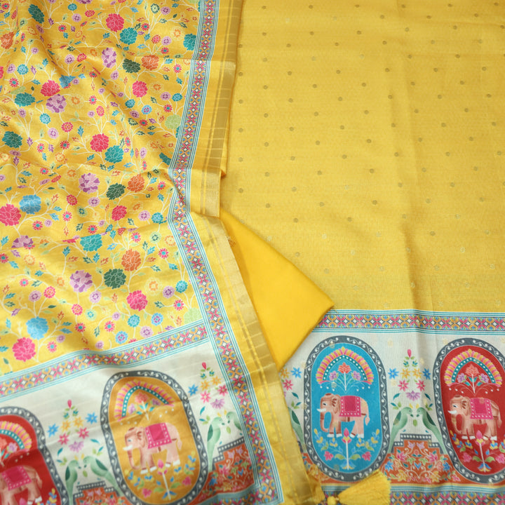 Ada Bumblebee Yellow Zari Weaved Buti in Elephant Print Hemline Art Shimmer Tissue Set