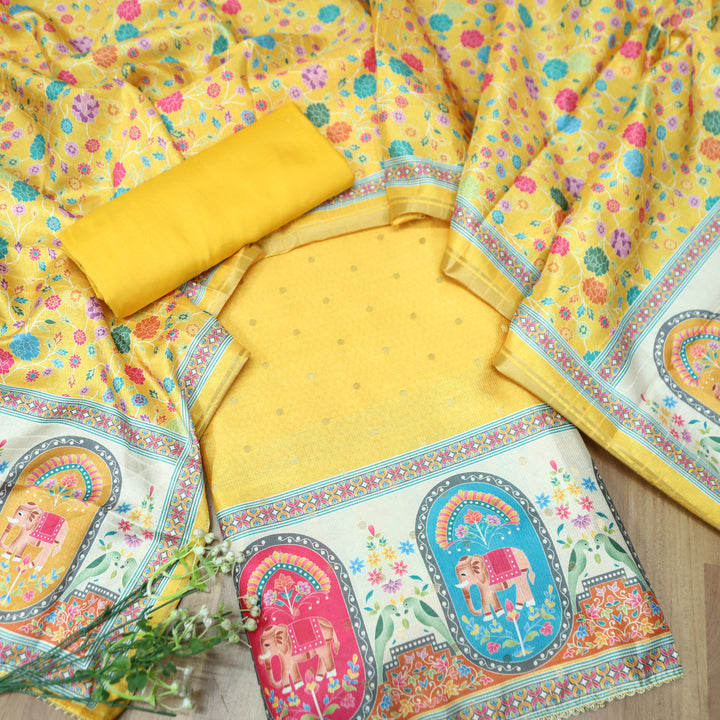 Ada Bumblebee Yellow Zari Weaved Buti in Elephant Print Hemline Art Shimmer Tissue Set