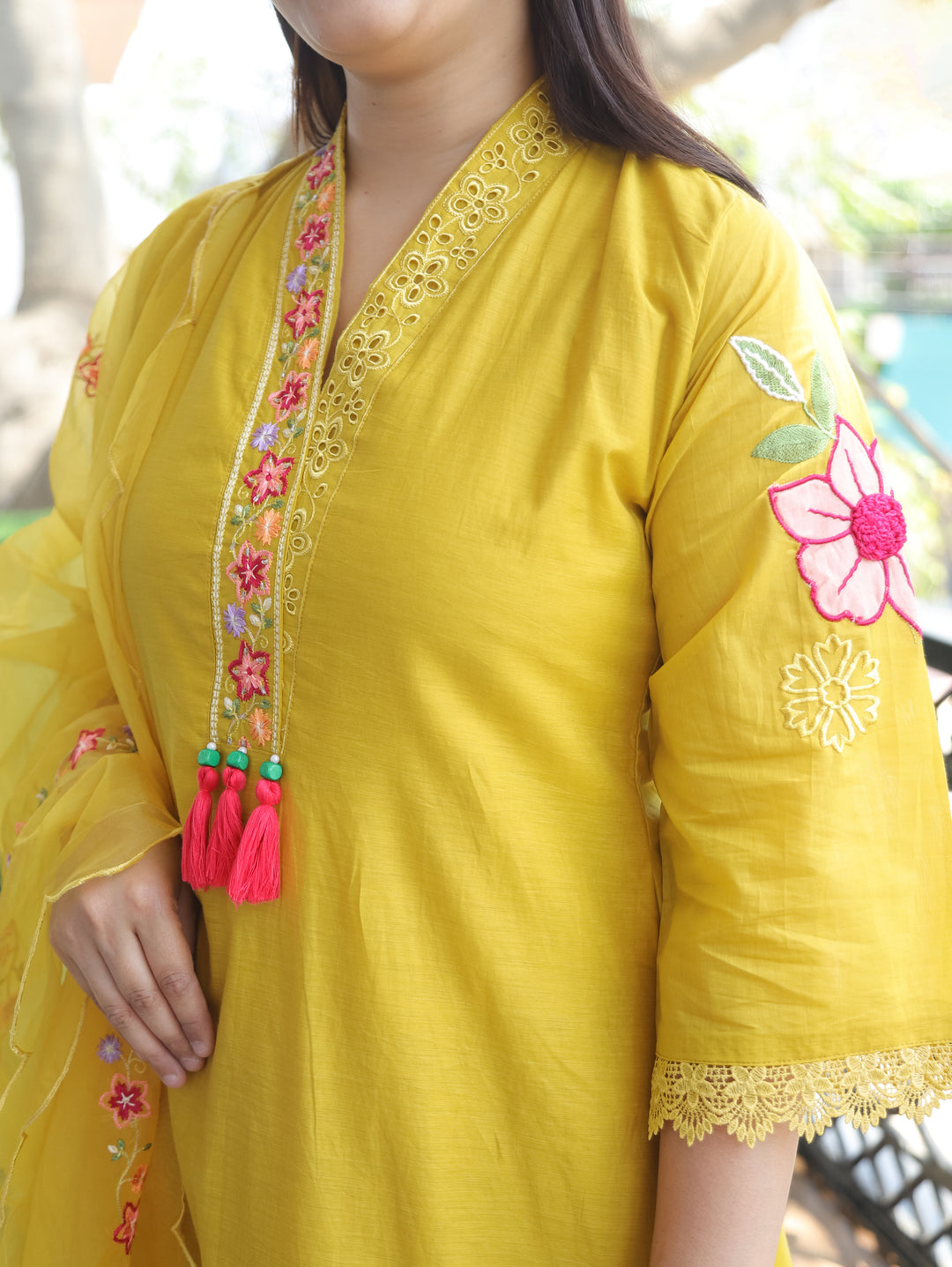 Rushali Yellow Embroidered Chanderi 3 Piece Set