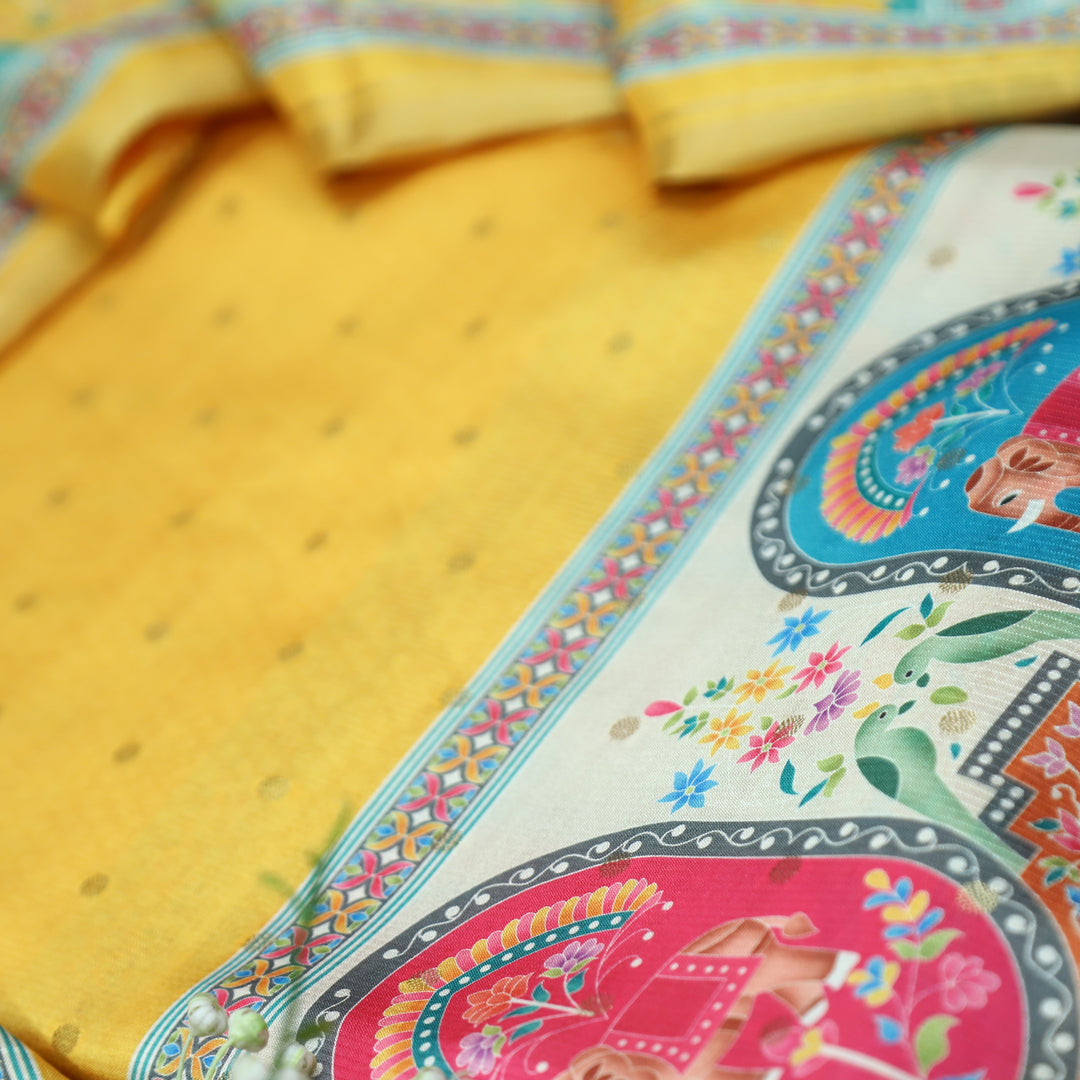 Ada Bumblebee Yellow Zari Weaved Buti in Elephant Print Hemline Art Shimmer Tissue Set