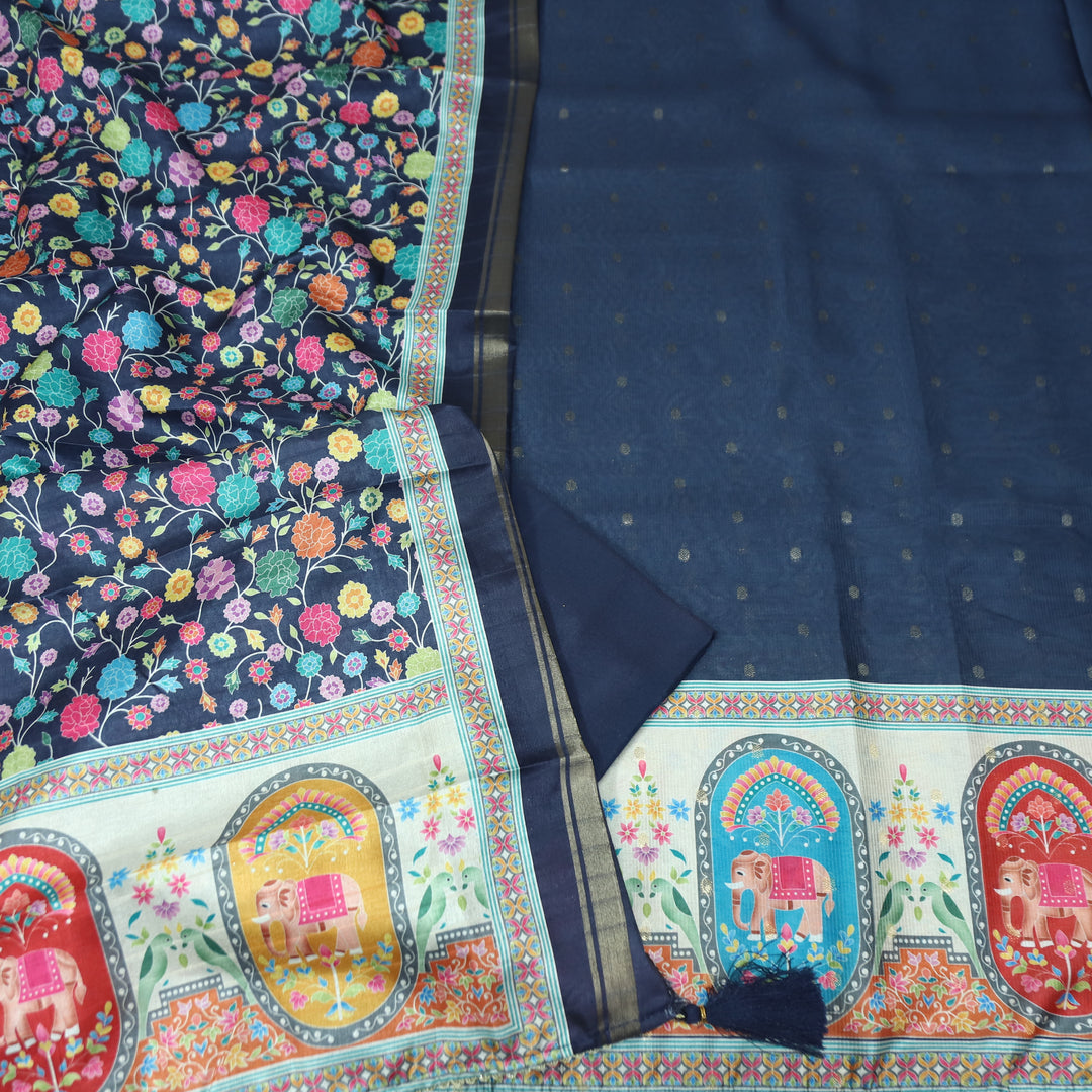 Ada Navy Blue Zari Weaved Buti in Elephant Print Hemline Art Shimmer Tissue Set